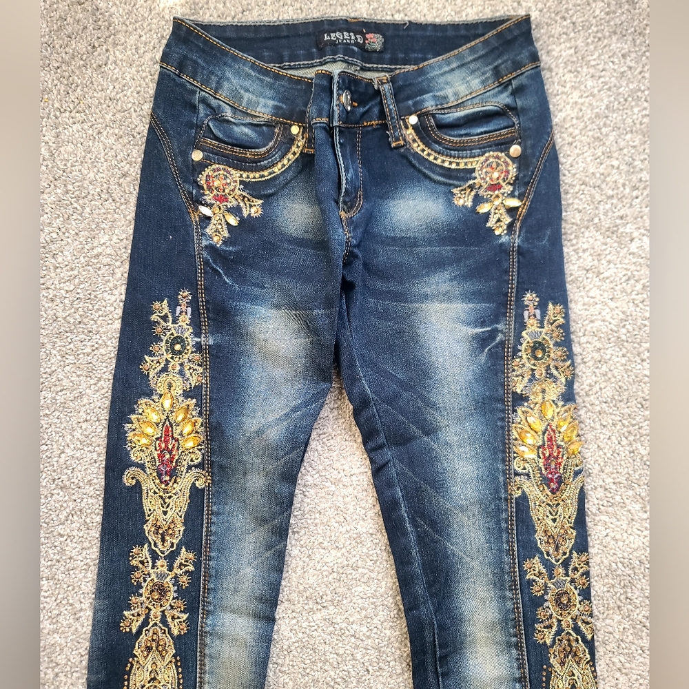 Blue Skinny Jeans with Floral Embellishments - Picture 2 of 5
